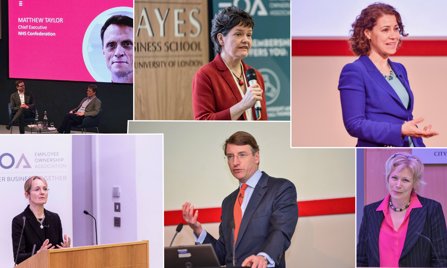 A collage of photos of speakers at a business event