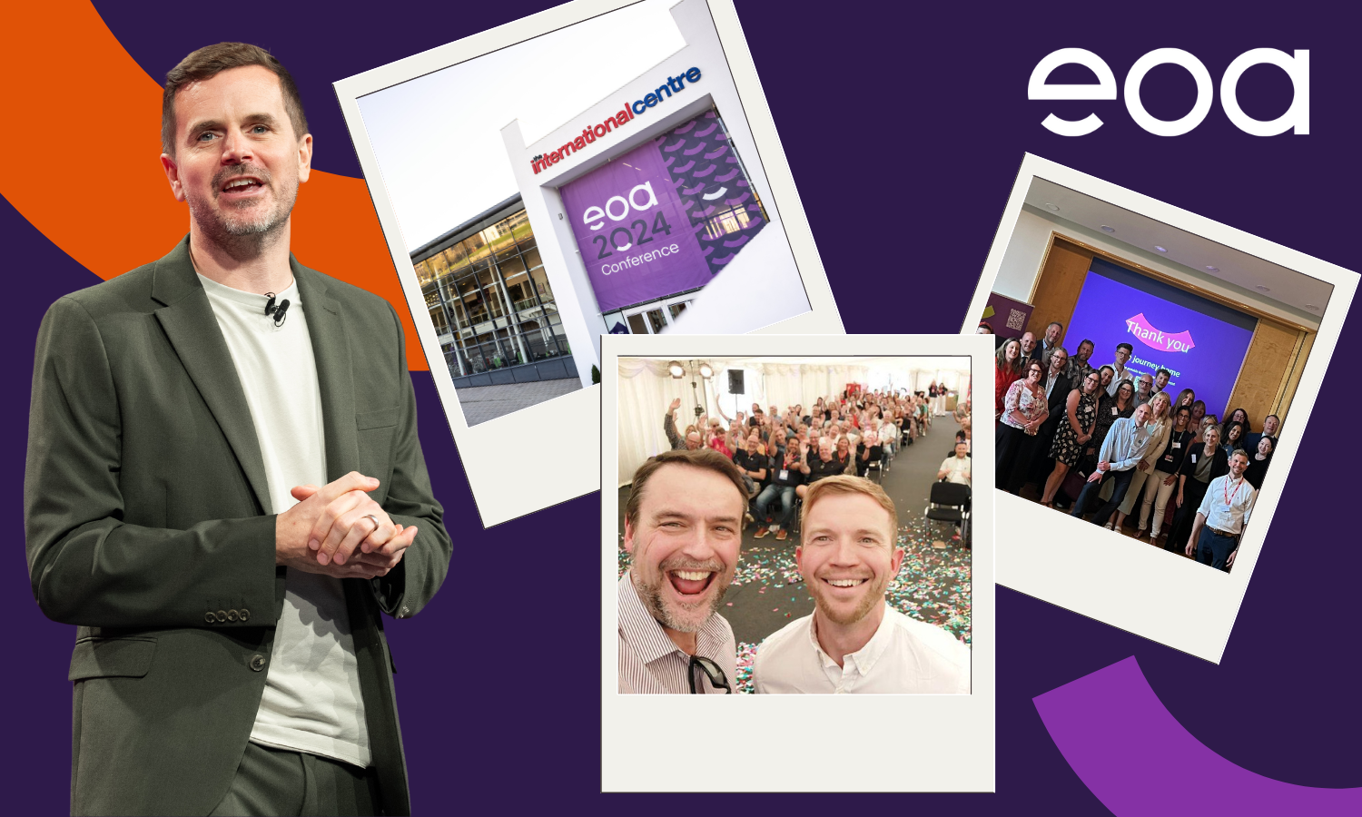 A middle aged white man picture against a dark purple background beside polaroid style photos of three events.